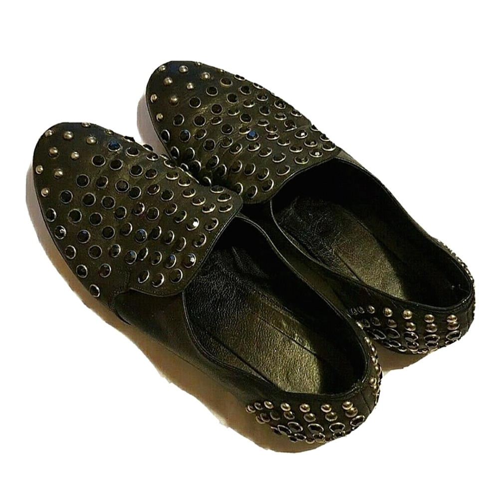 VERO CUOIO Italian Leather Loafers- Black Crystals & Silver Studs- Plz Read Pics